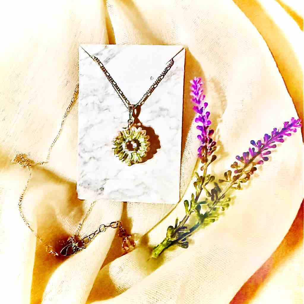 Handmade Glazed Clay Sunburst Flower Pendant with Australian Crystal Center