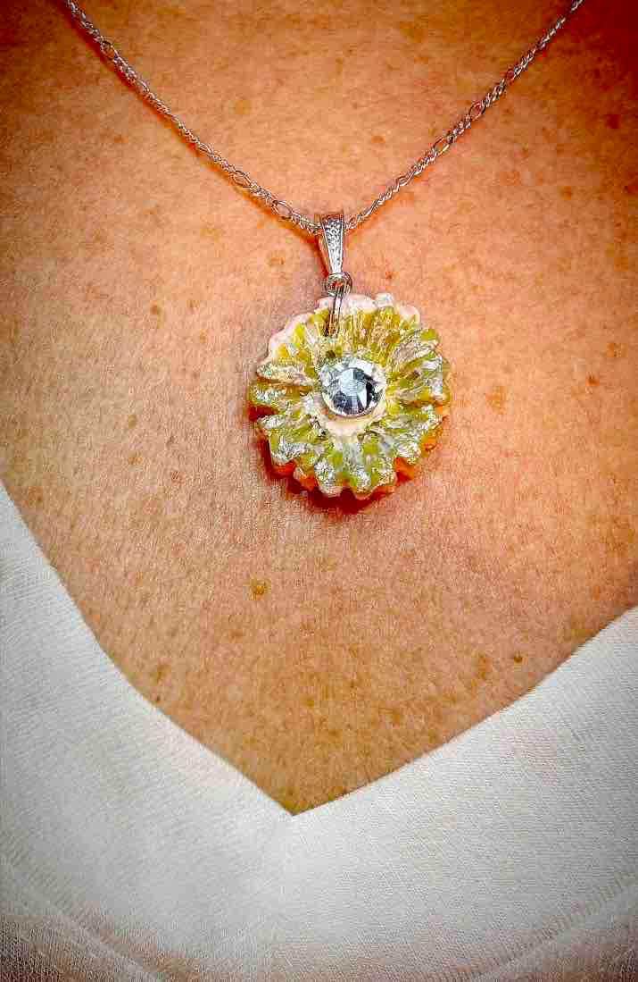 Handmade Glazed Clay Sunburst Flower Pendant with Australian Crystal Center