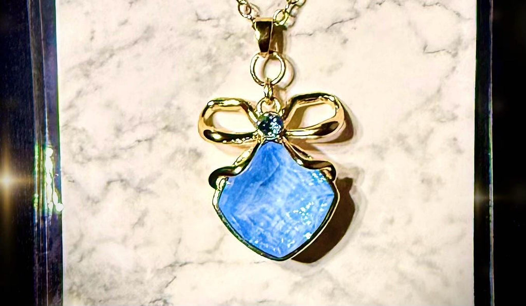 Glistening light blue Australian crystal and gold pendant - handmade, chain included