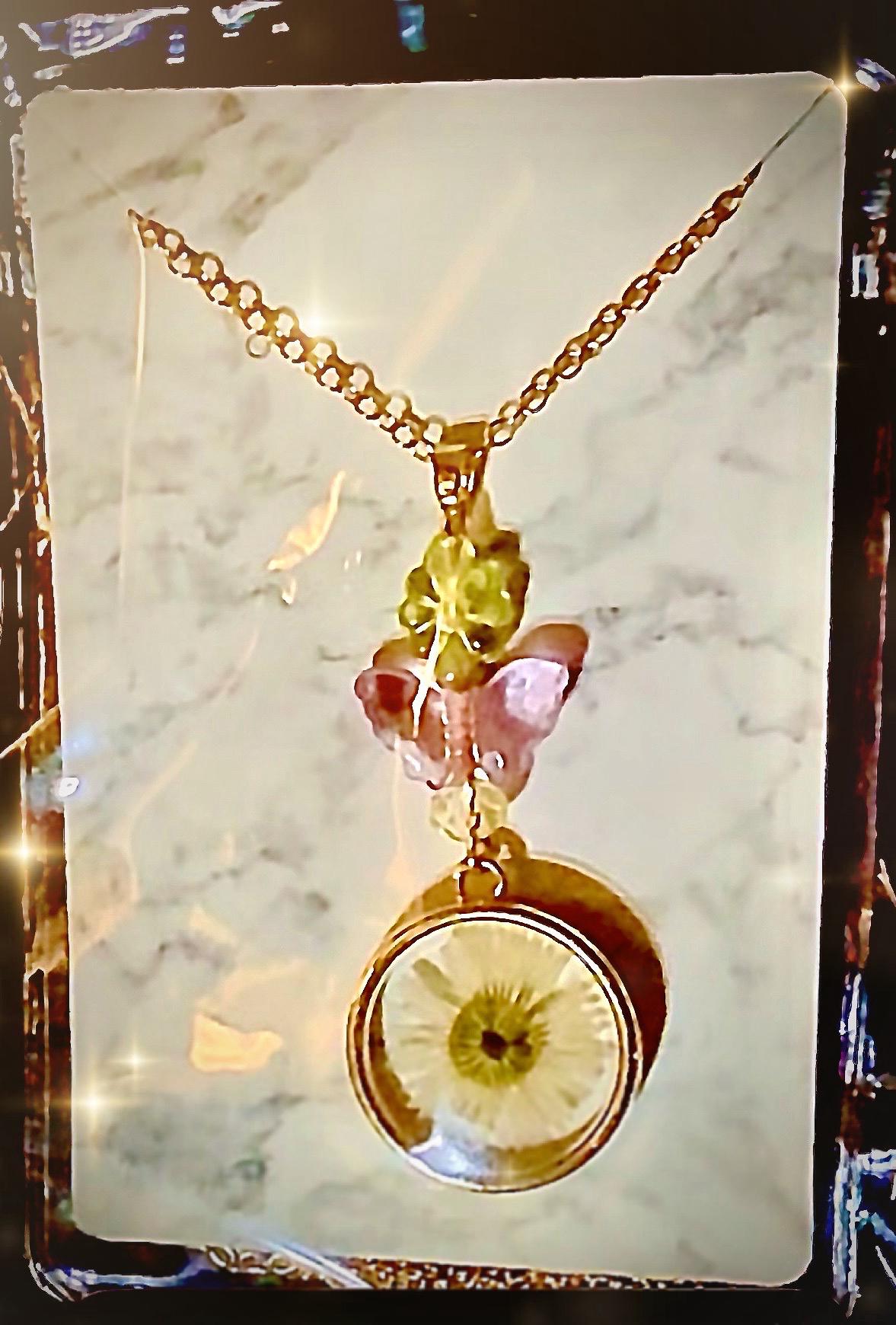 Delicate dried flower pendant with butterfly and flower glass beads. Handmade, necklace included