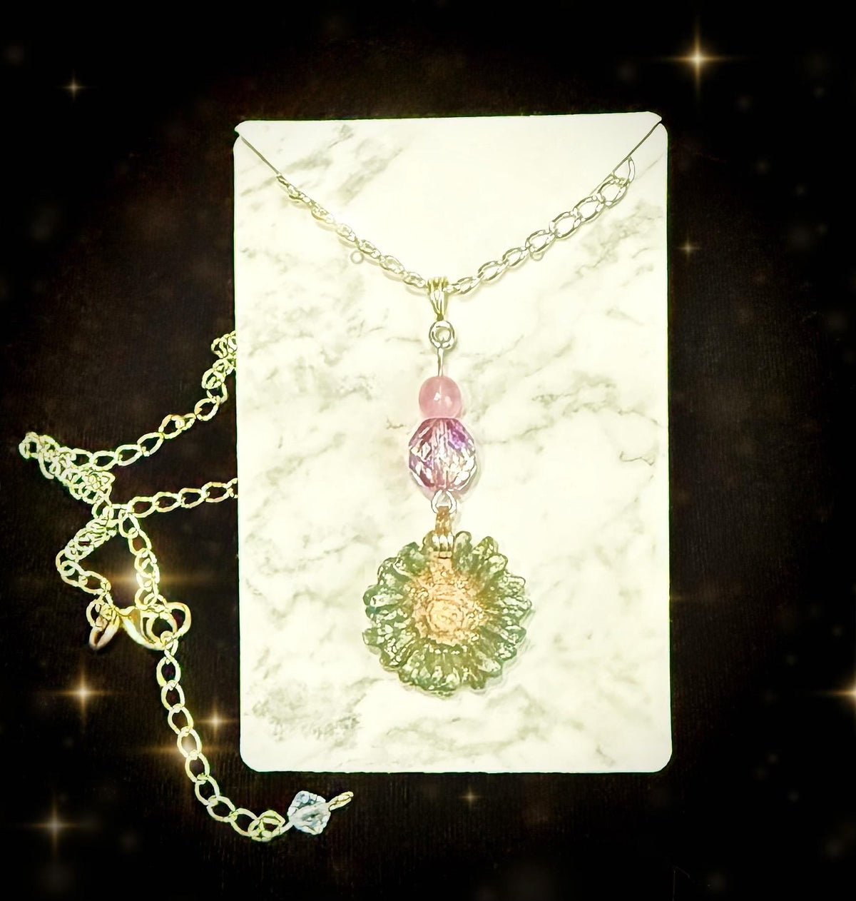 Handmade Glass Flower Pendant Necklace – Light Purple, Pink Beads, Silver Chain