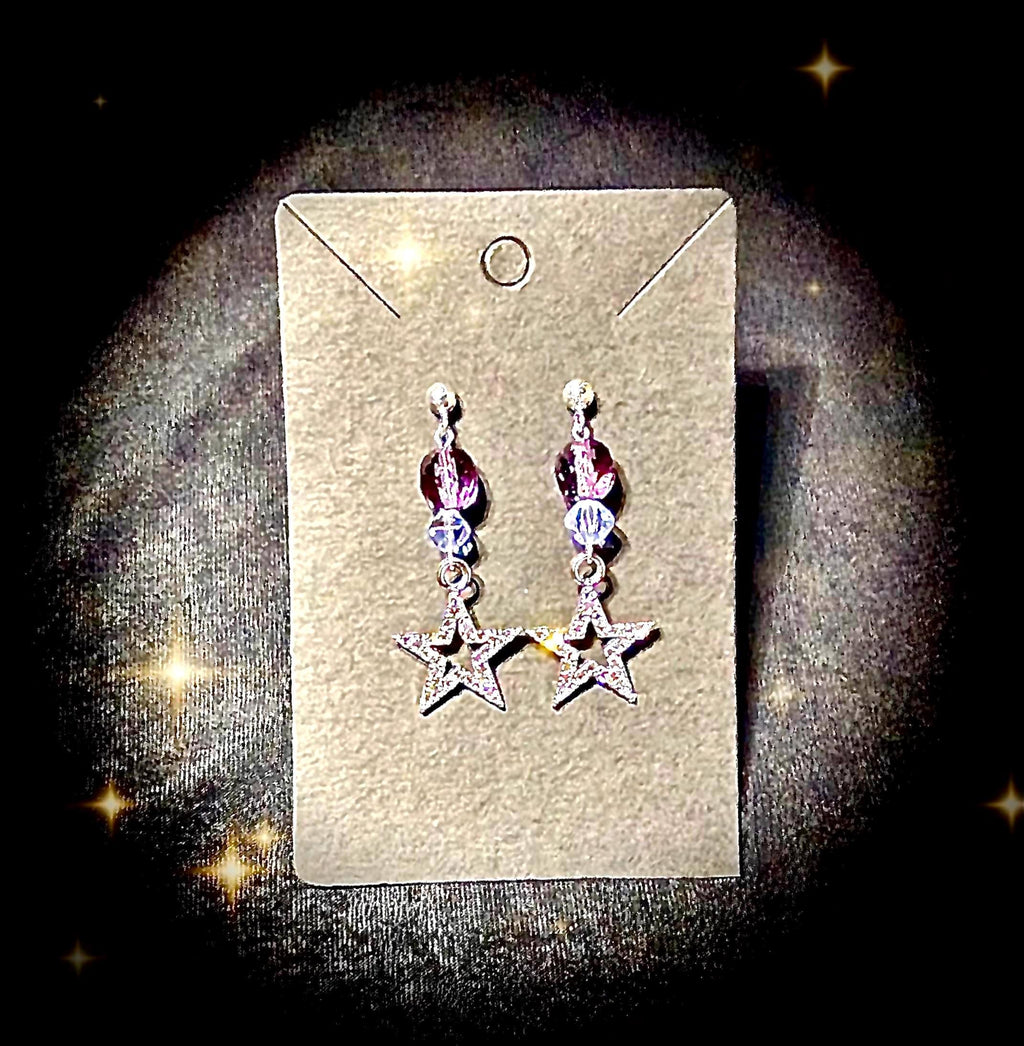 Silver glitter star earrings with shades of purple glass beads